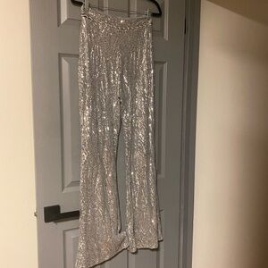 Double Crazy Silver Sequin Flare Party Pants Birthday Disco Small 27 inch waist